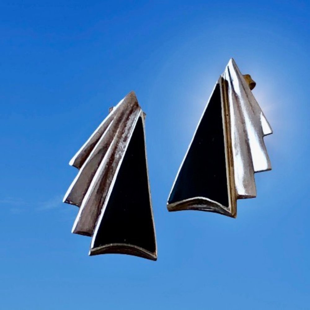 Modernist Sterling Silver & Black Onyx Post Earrings 925 Vintage Signed NF